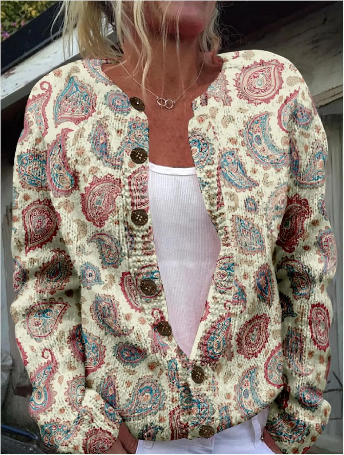 MARSVOVO Women Vintage Polka Dot and Paisley Pattern Button Down Crew Neck Open Cardigans Novelty Fall Sweater Tops