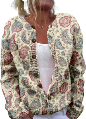 MARSVOVO Women Vintage Polka Dot and Paisley Pattern Button Down Crew Neck Open Cardigans Novelty Fall Sweater Tops
