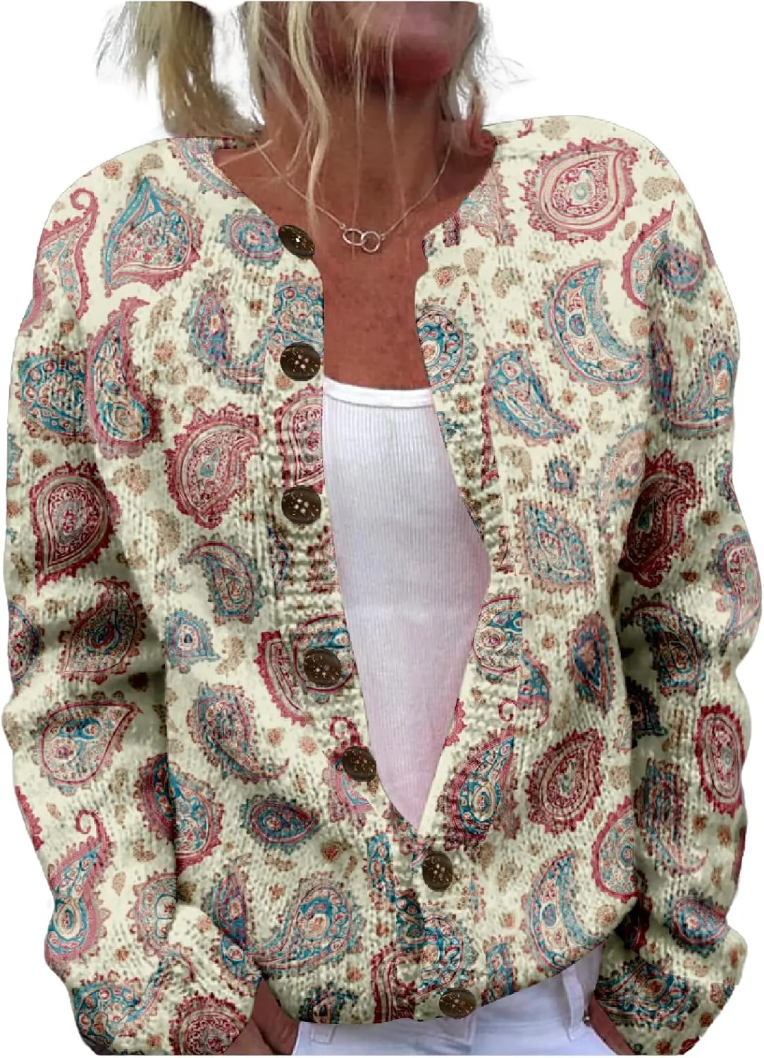 MARSVOVO Women Vintage Polka Dot and Paisley Pattern Button Down Crew Neck Open Cardigans Novelty Fall Sweater Tops