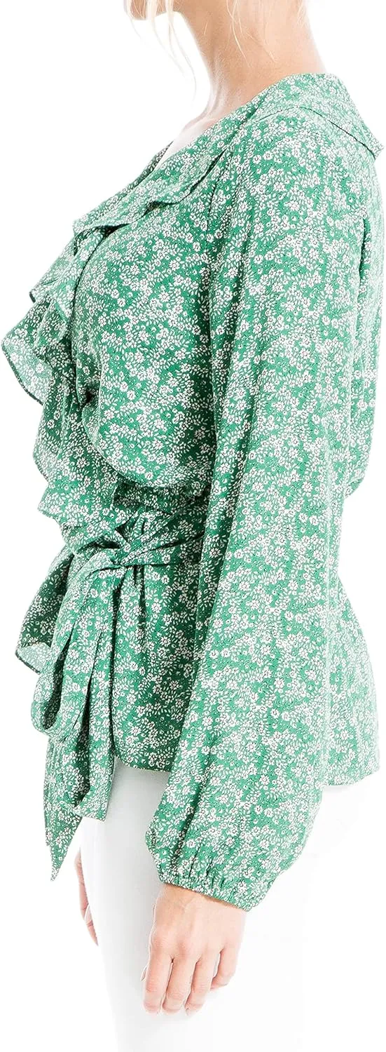 Max Studio Women's Plus Size Long Sleeve Wrap Ruffle Front Top