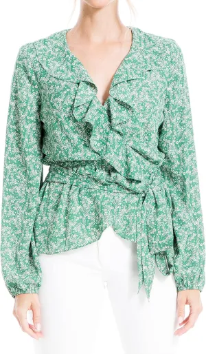 Max Studio Women's Plus Size Long Sleeve Wrap Ruffle Front Top