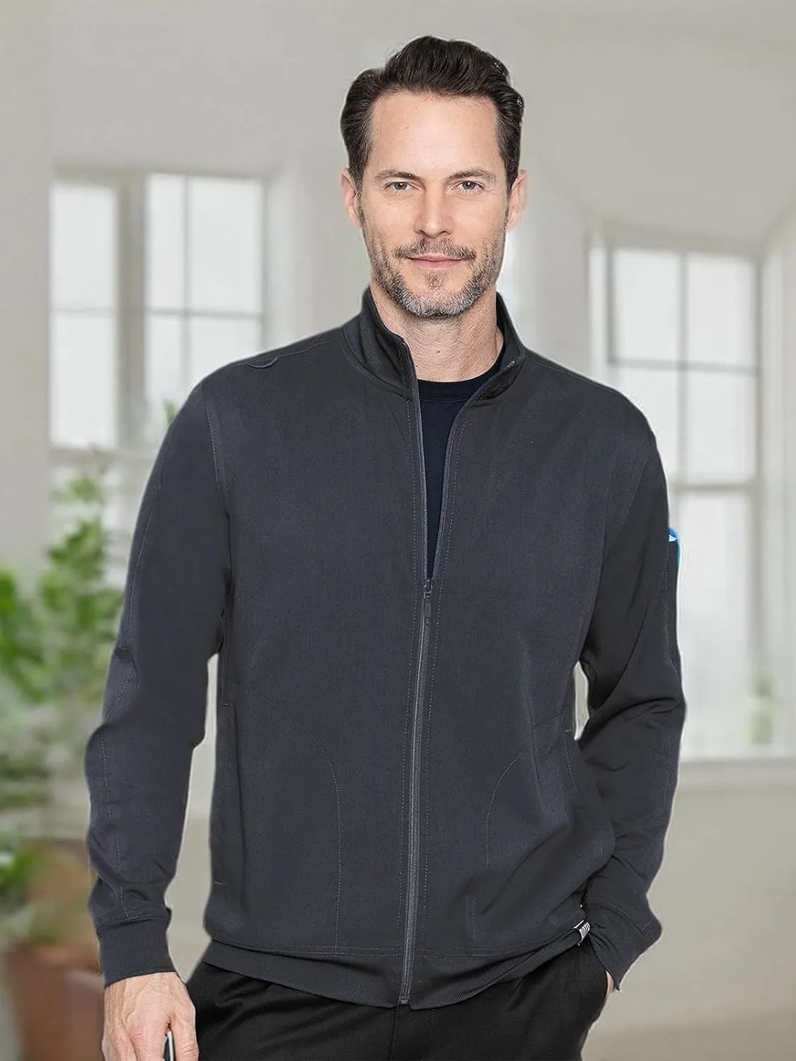 Med Couture Men's Warm-Up Jacket with 3 Pockets, Zip Front Closure and 2-Way Stretch Fabric - MC7678