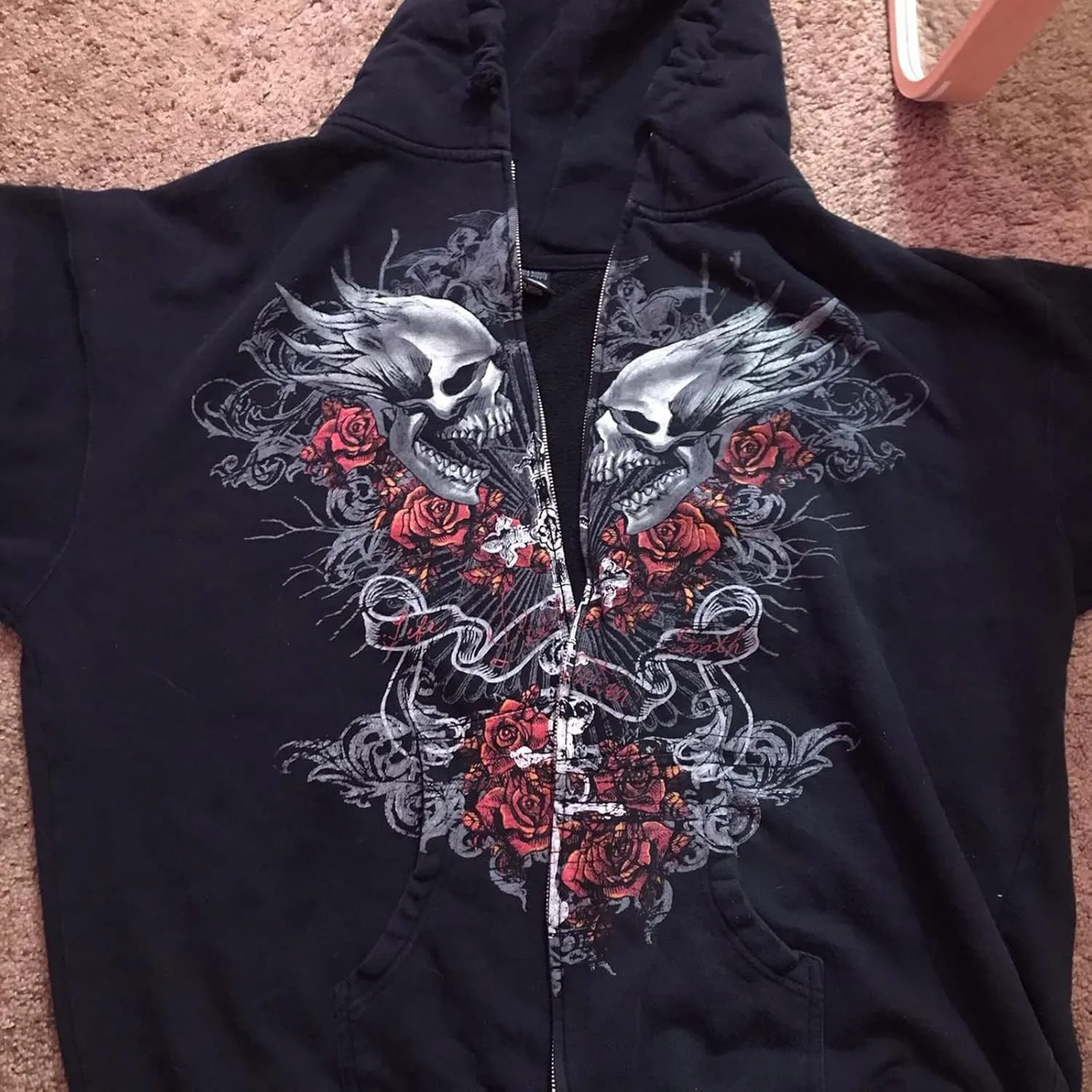 Meiweileya Women's Y2k Grunge Skull Graphic Zip Up Hoodies Emo Goth Skeleton Jacket Long Sleeve