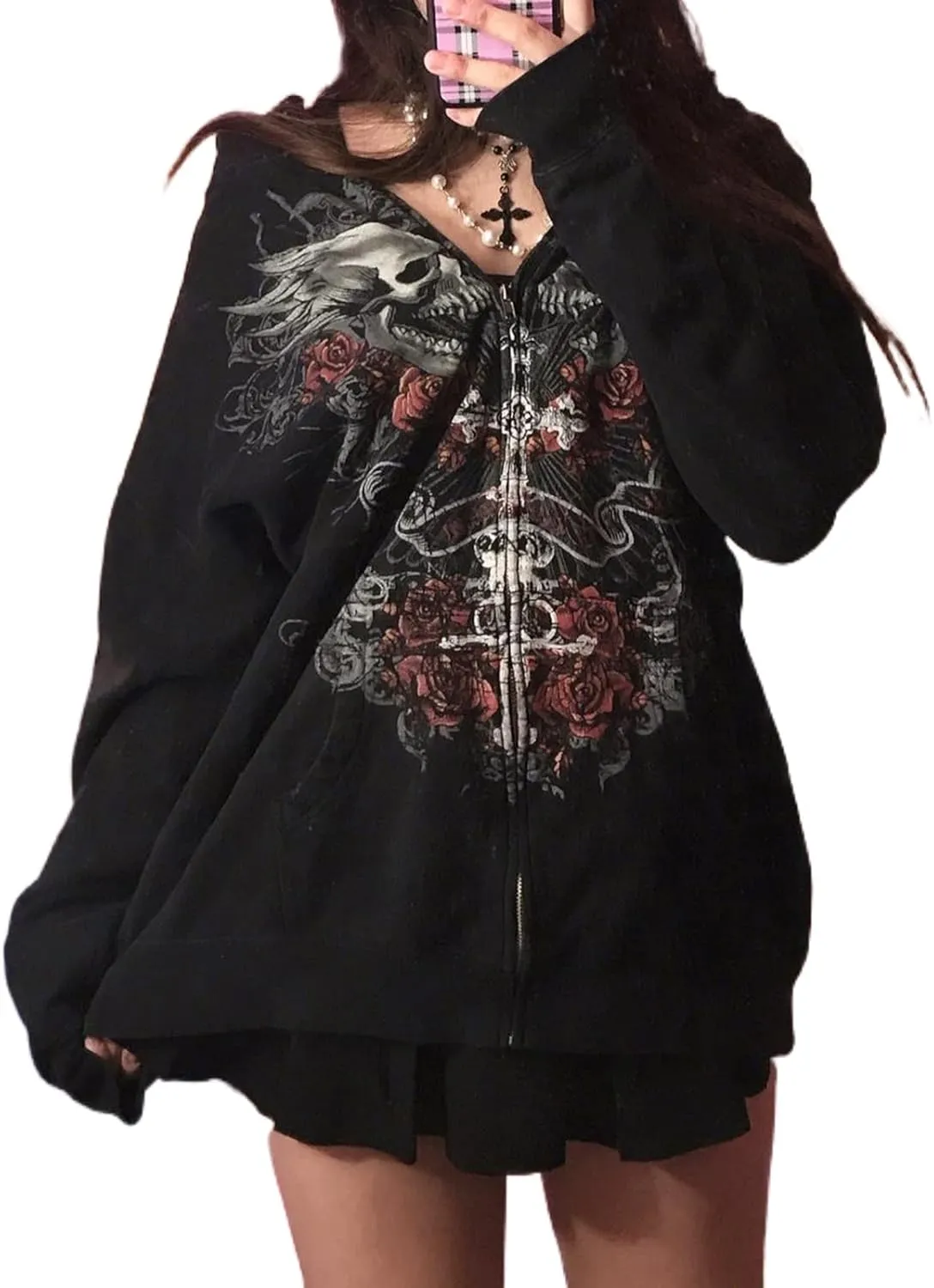 Meiweileya Women's Y2k Grunge Skull Graphic Zip Up Hoodies Emo Goth Skeleton Jacket Long Sleeve