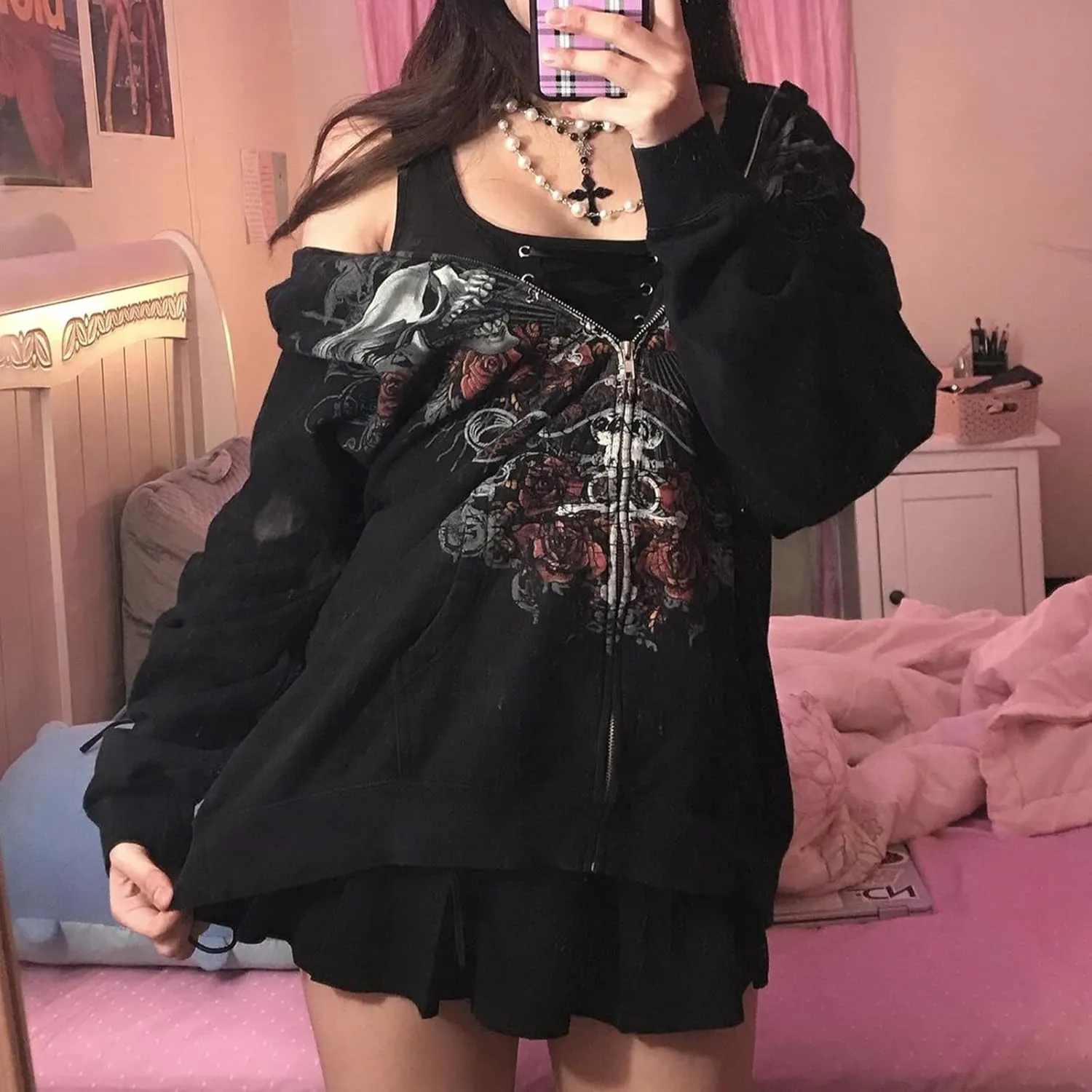 Meiweileya Women's Y2k Grunge Skull Graphic Zip Up Hoodies Emo Goth Skeleton Jacket Long Sleeve