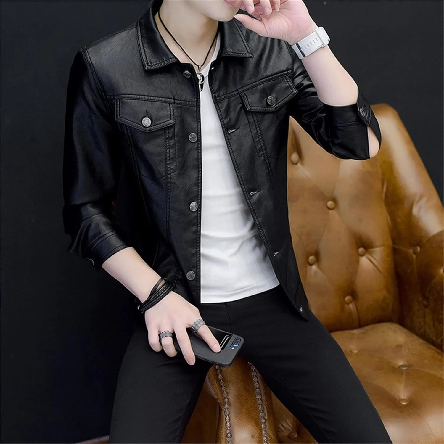 Men Shirt Style Leather Jacket Male Vintage Faux Lambskin Pu Jackets Flip Collar Trucker Leather Coat Single-Breasted