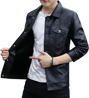 Men Shirt Style Leather Jacket Male Vintage Faux Lambskin Pu Jackets Flip Collar Trucker Leather Coat Single-Breasted