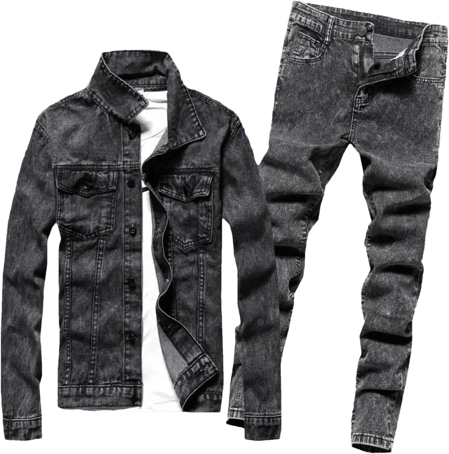 Men Slim Denim Suit Single Breasted Denim Jacket Jeans Two Piece Set