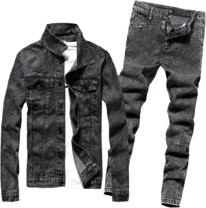 Men Slim Denim Suit Single Breasted Denim Jacket Jeans Two Piece Set