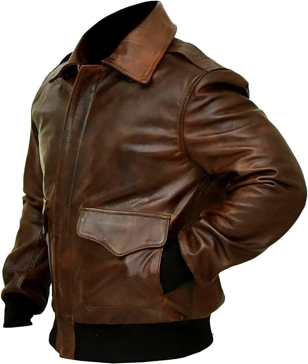Mens Air Force A2 Bomber Jacket WWII Aviator Flight USAAF Brown Leather Pilot Jacket
