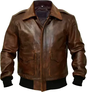 Mens Air Force A2 Bomber Jacket WWII Aviator Flight USAAF Brown Leather Pilot Jacket