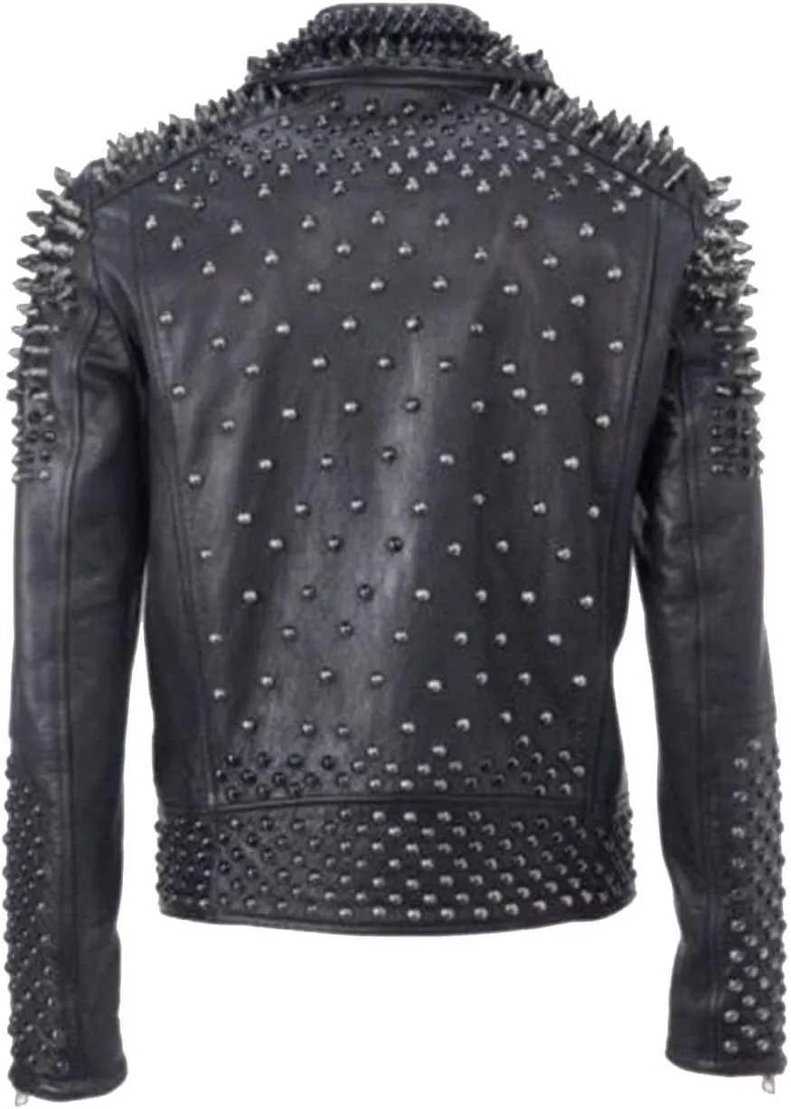Mens Brando Studded Jacket Black Motorcycle Rock Punk Spiked Brando Biker Genuine Leather Jacket