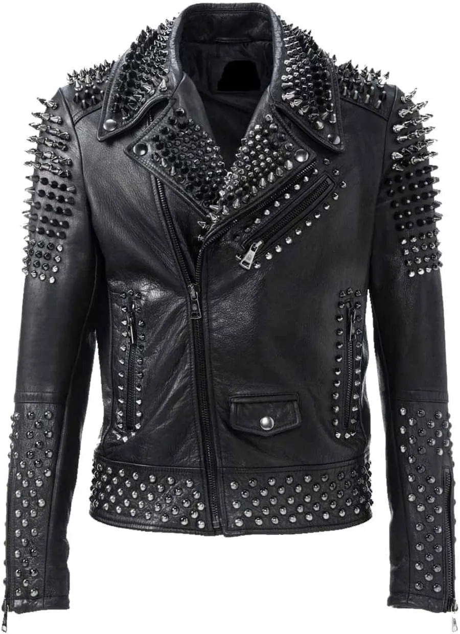 Mens Brando Studded Jacket Black Motorcycle Rock Punk Spiked Brando Biker Genuine Leather Jacket