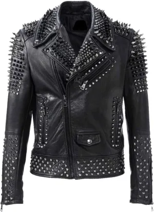 Mens Brando Studded Jacket Black Motorcycle Rock Punk Spiked Brando Biker Genuine Leather Jacket