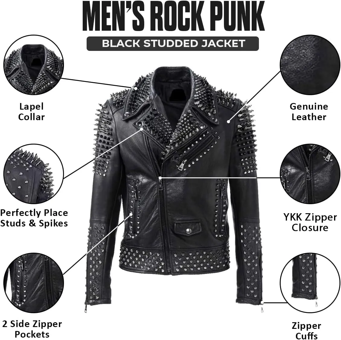 Mens Brando Studded Jacket Black Motorcycle Rock Punk Spiked Brando Biker Genuine Leather Jacket