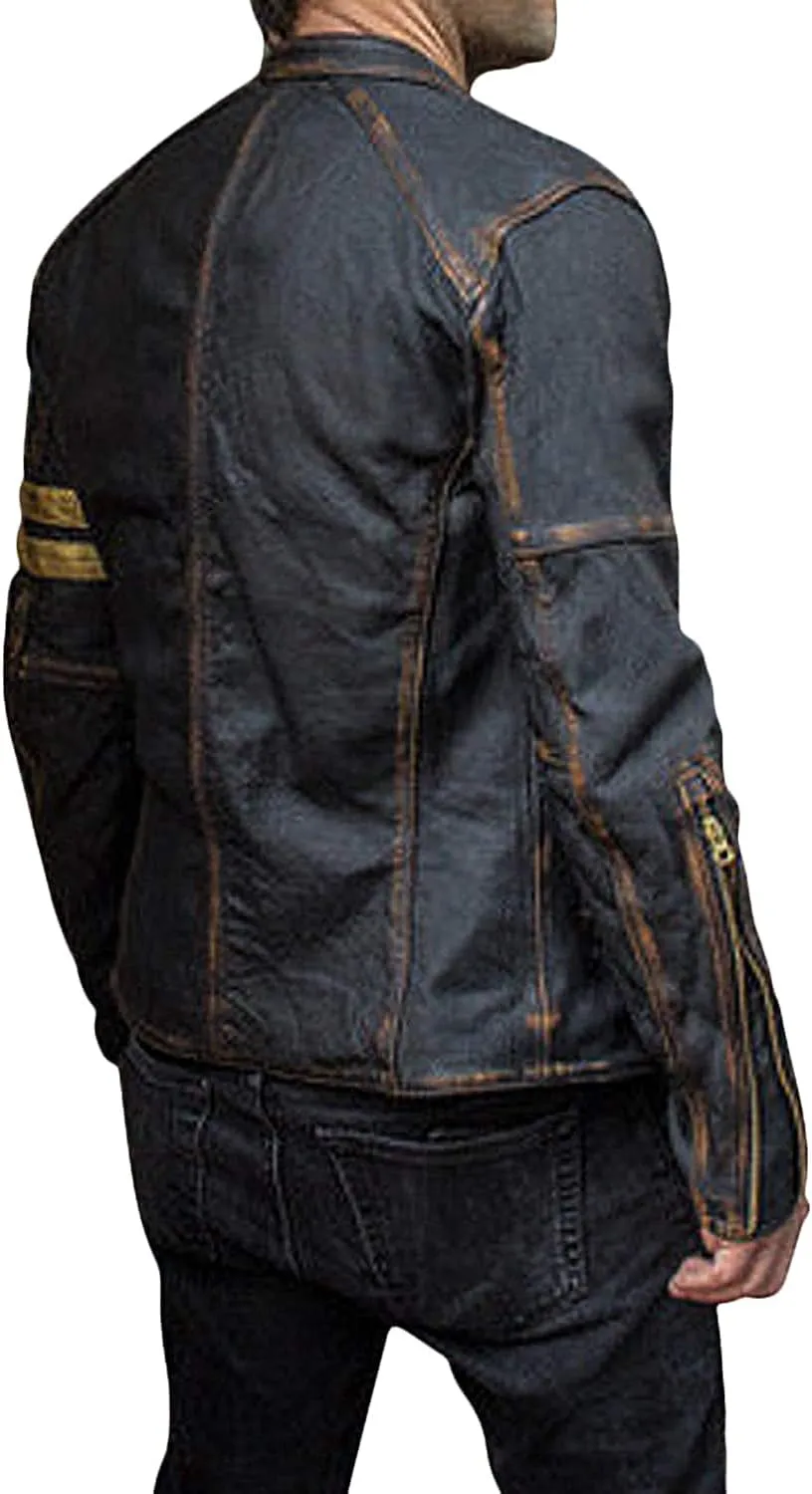 Mens Cafe Racer Motorcycle Leather Jacket Genuine Sheepskin Vintage Moto Biker Collection