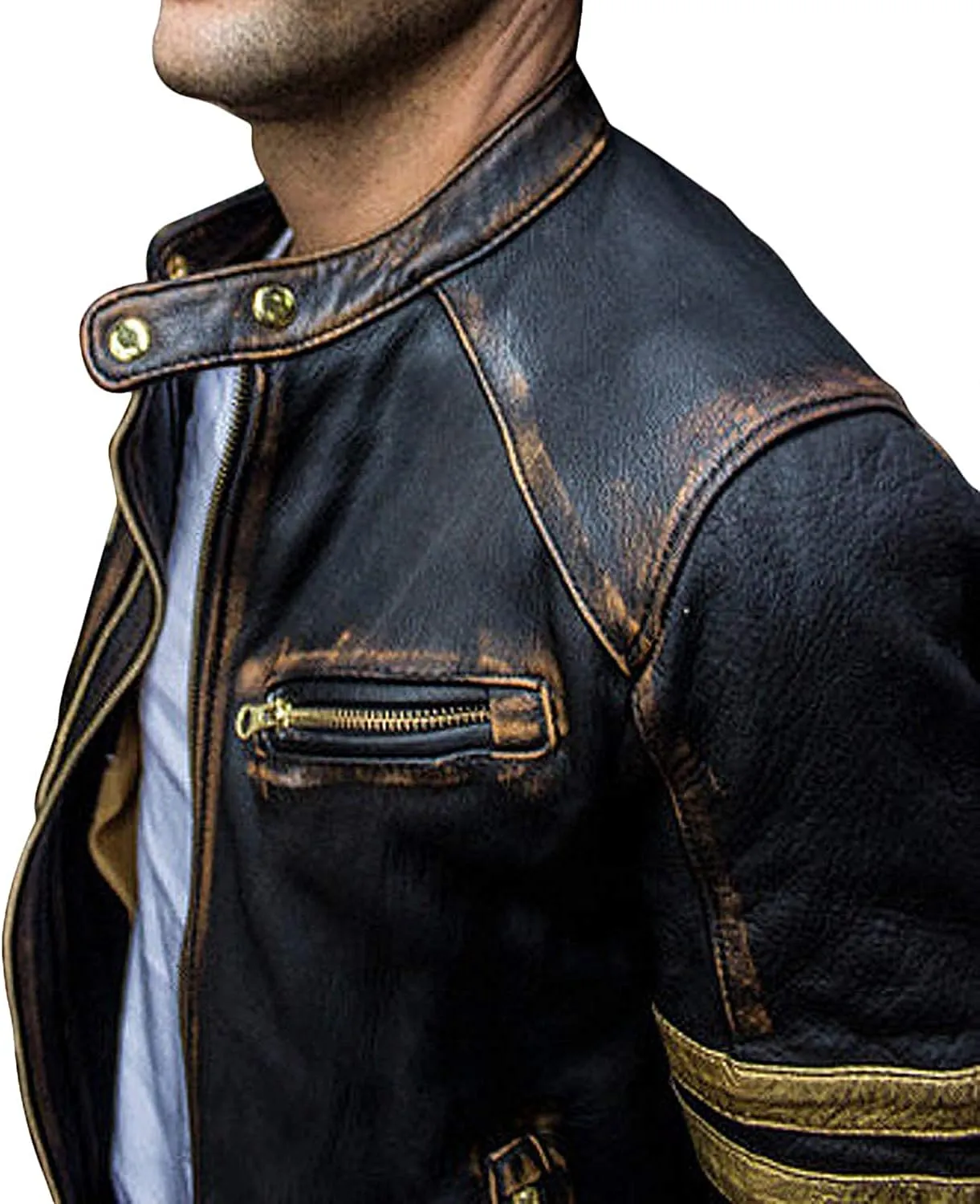 Mens Cafe Racer Motorcycle Leather Jacket Genuine Sheepskin Vintage Moto Biker Collection