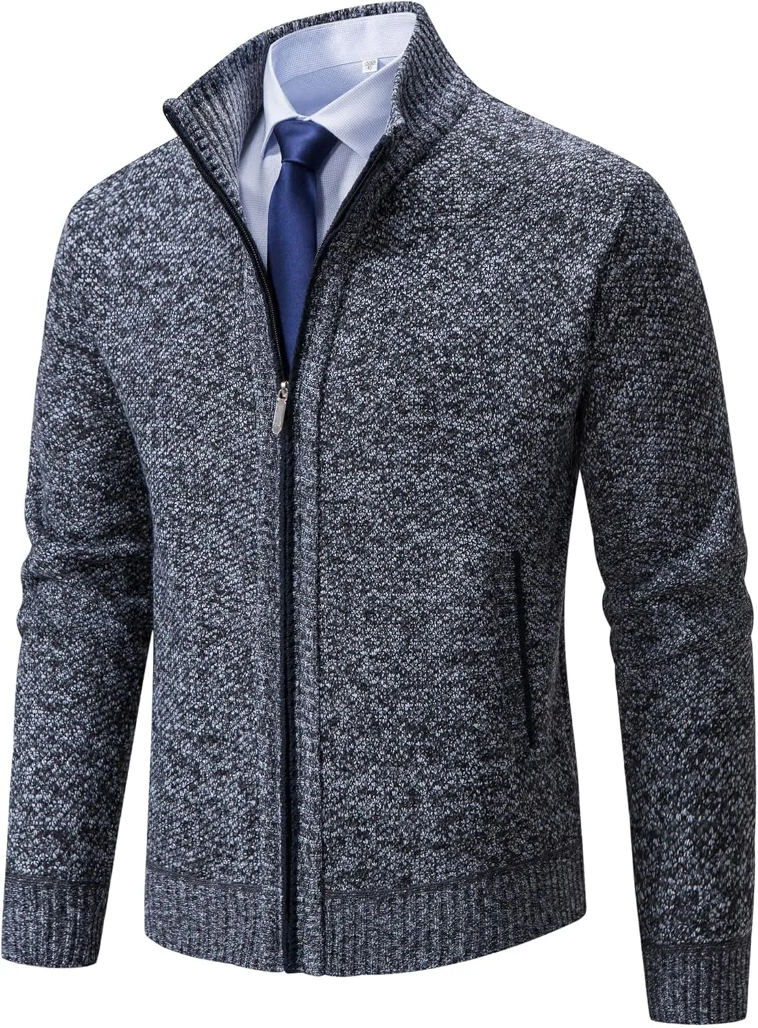 Men's Cardigan Sweaters Full Zip Up Stand Collar Slim Fit Casual Knitted Sweater with 2 Front Pockets