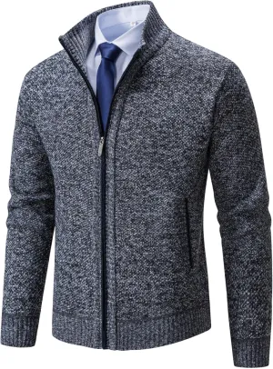 Men's Cardigan Sweaters Full Zip Up Stand Collar Slim Fit Casual Knitted Sweater with 2 Front Pockets