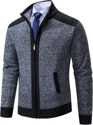 Men's Cardigan Sweaters Full Zip Up Stand Collar Slim Fit Casual Knitted Sweater with 2 Front Pockets