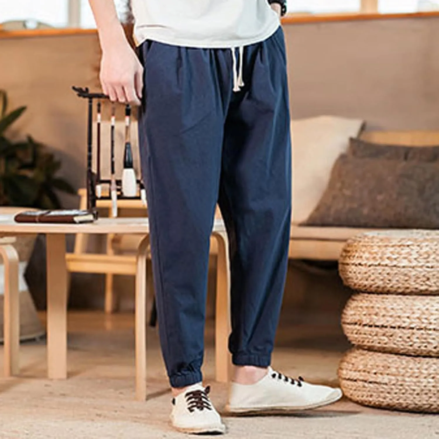 Mens Casual Cotton Linen Pants Big and Tall Elastic Drawstring Waist Pant Loose Comfy Summer Beach Pants Cinch Bottom