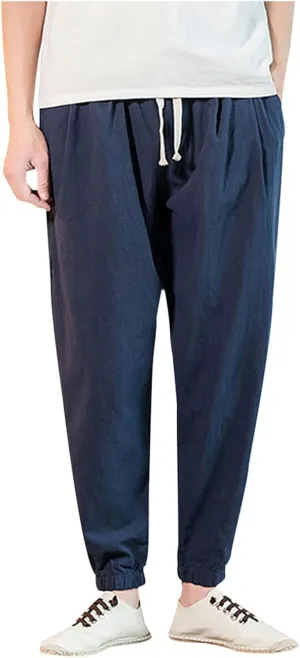 Mens Casual Cotton Linen Pants Big and Tall Elastic Drawstring Waist Pant Loose Comfy Summer Beach Pants Cinch Bottom