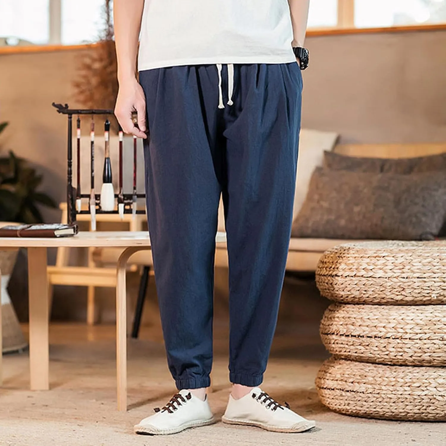 Mens Casual Cotton Linen Pants Big and Tall Elastic Drawstring Waist Pant Loose Comfy Summer Beach Pants Cinch Bottom