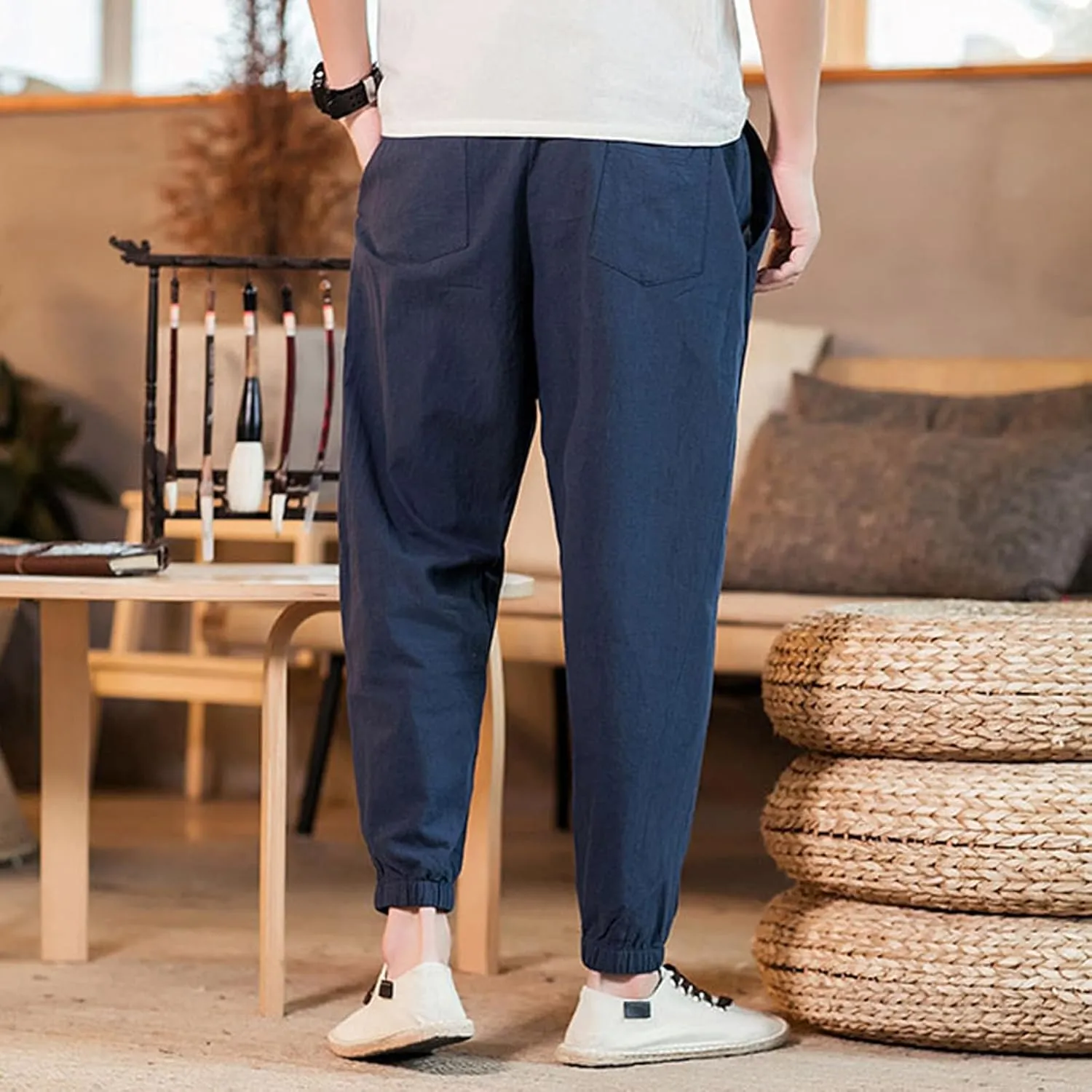Mens Casual Cotton Linen Pants Big and Tall Elastic Drawstring Waist Pant Loose Comfy Summer Beach Pants Cinch Bottom