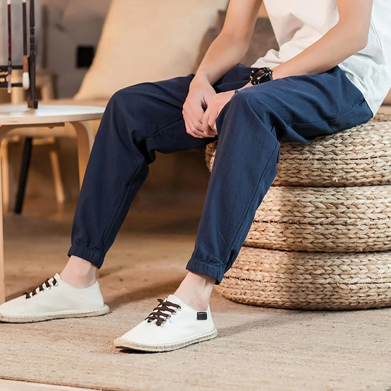 Mens Casual Cotton Linen Pants Big and Tall Elastic Drawstring Waist Pant Loose Comfy Summer Beach Pants Cinch Bottom