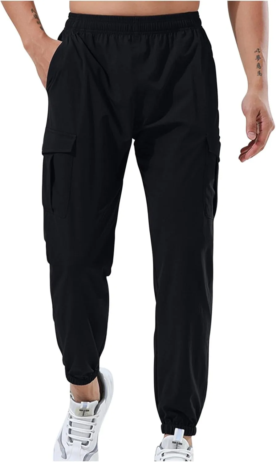 Mens Casual Joggers Pants Elastic Drawstring Tapered Cargo Hiking Pants Outdoor Track Sweatpants with Multi Pockets
