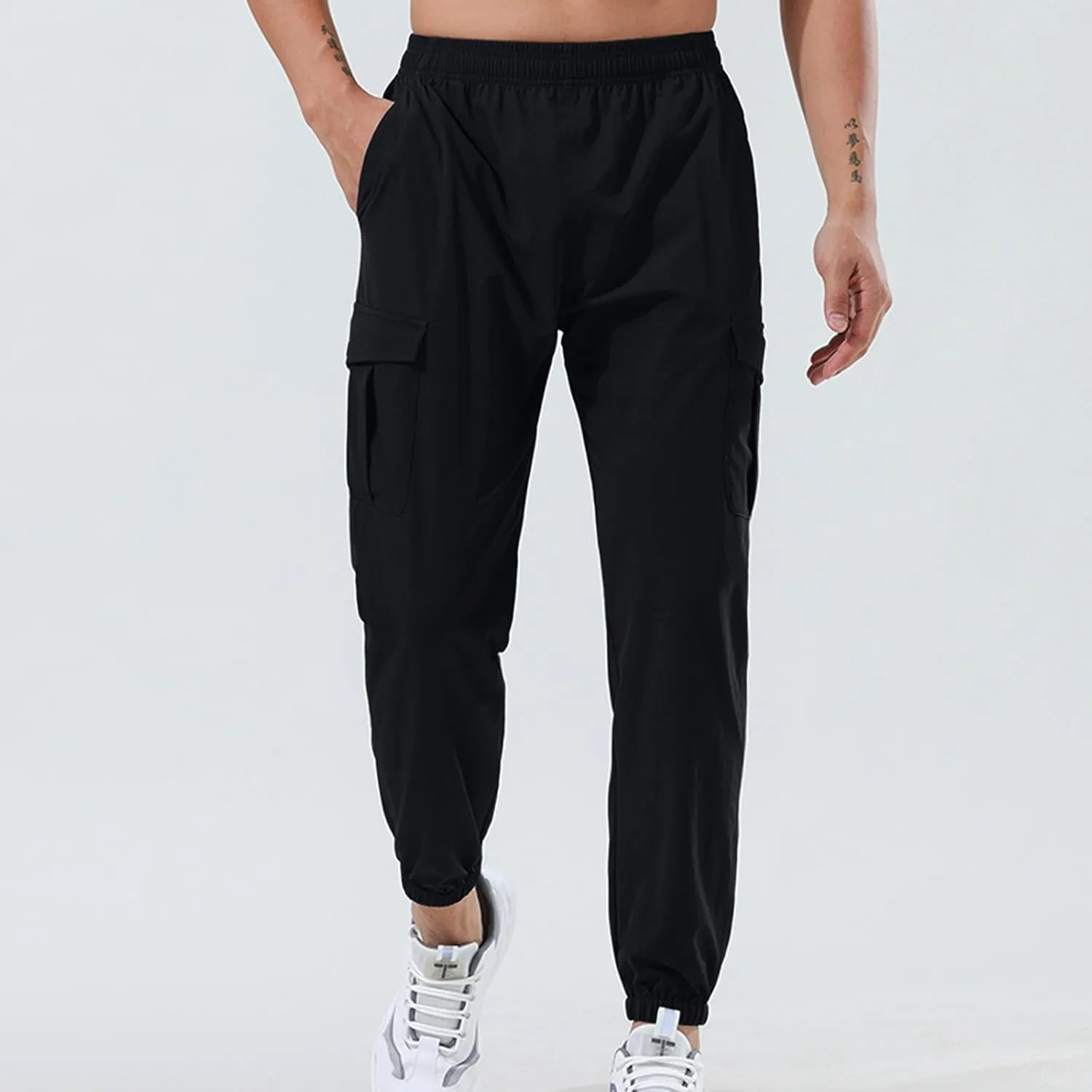 Mens Casual Joggers Pants Elastic Drawstring Tapered Cargo Hiking Pants Outdoor Track Sweatpants with Multi Pockets