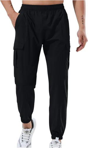 Mens Casual Joggers Pants Elastic Drawstring Tapered Cargo Hiking Pants Outdoor Track Sweatpants with Multi Pockets