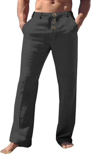 Mens Casual Linen Loose Fit Elastic Drawstring Waist Straight Legs Lightweight Summer Beach Yoga Long Pants