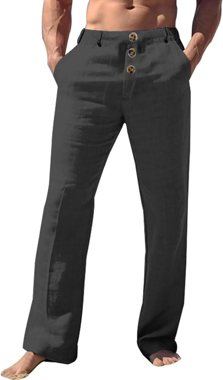 Mens Casual Linen Loose Fit Elastic Drawstring Waist Straight Legs Lightweight Summer Beach Yoga Long Pants