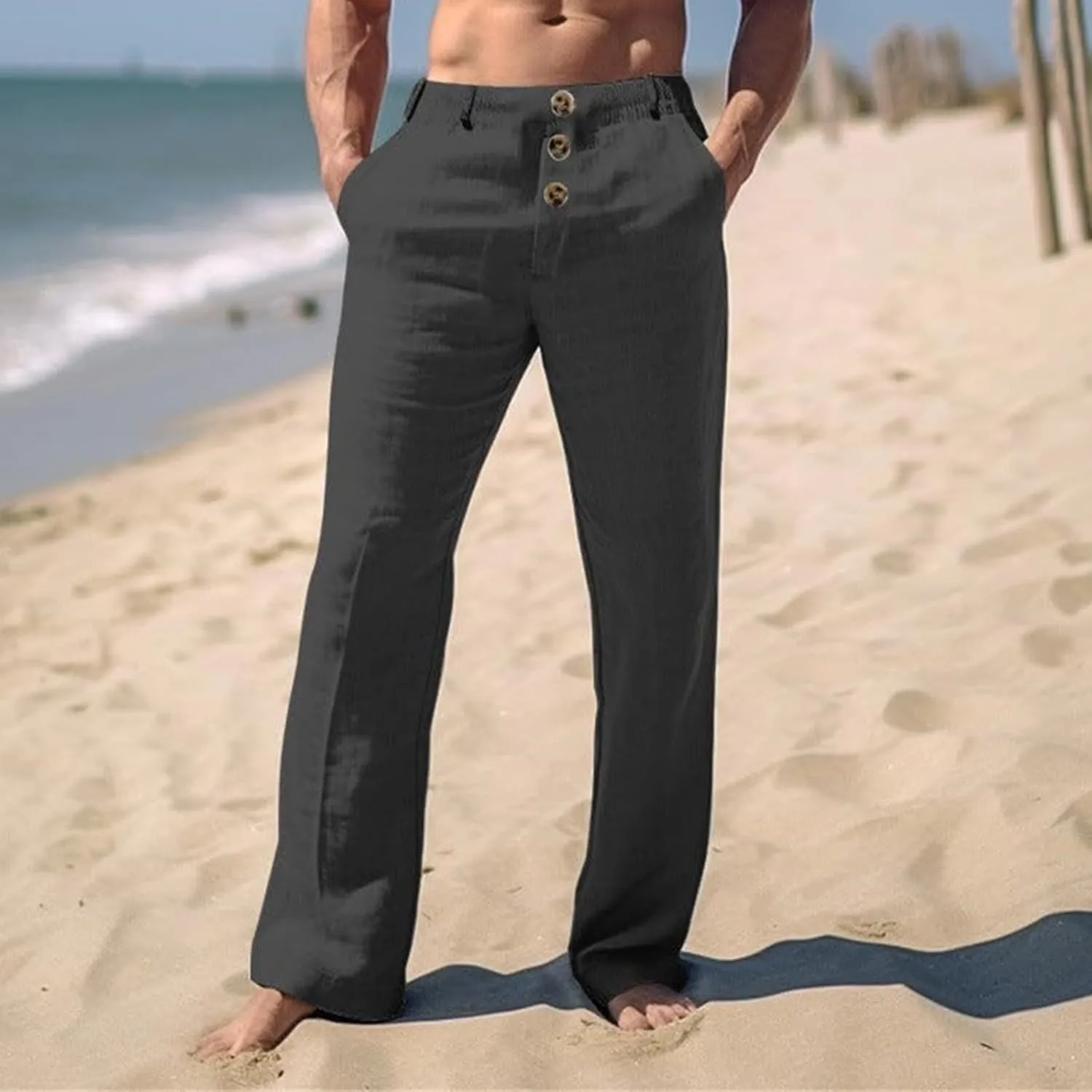 Mens Casual Linen Loose Fit Elastic Drawstring Waist Straight Legs Lightweight Summer Beach Yoga Long Pants