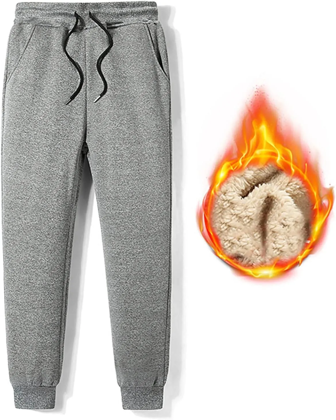 Mens Casual Pants Regular Fit Lace-Up Elasticated Solid Plush Thickened Sport Sweatpants Mid Waist Pencil Trouser