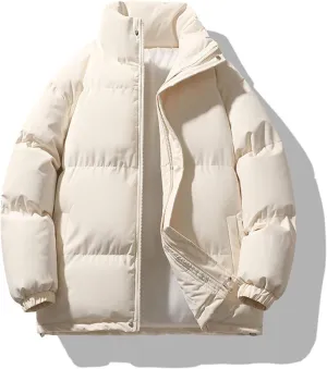 Men's Down Cotton Jacket, Full Zipper Solid Color Padded Cotton Coat Thick Warm Jacket, Lightweight Quilted Coat