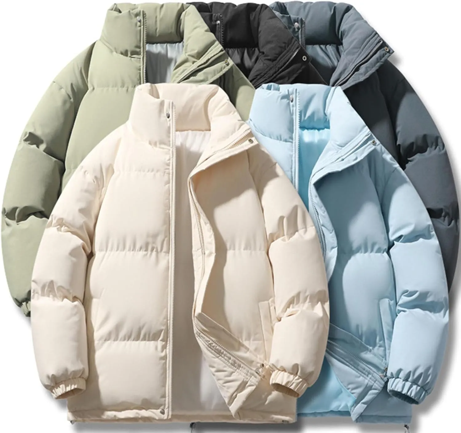 Men's Down Cotton Jacket, Full Zipper Solid Color Padded Cotton Coat Thick Warm Jacket, Lightweight Quilted Coat