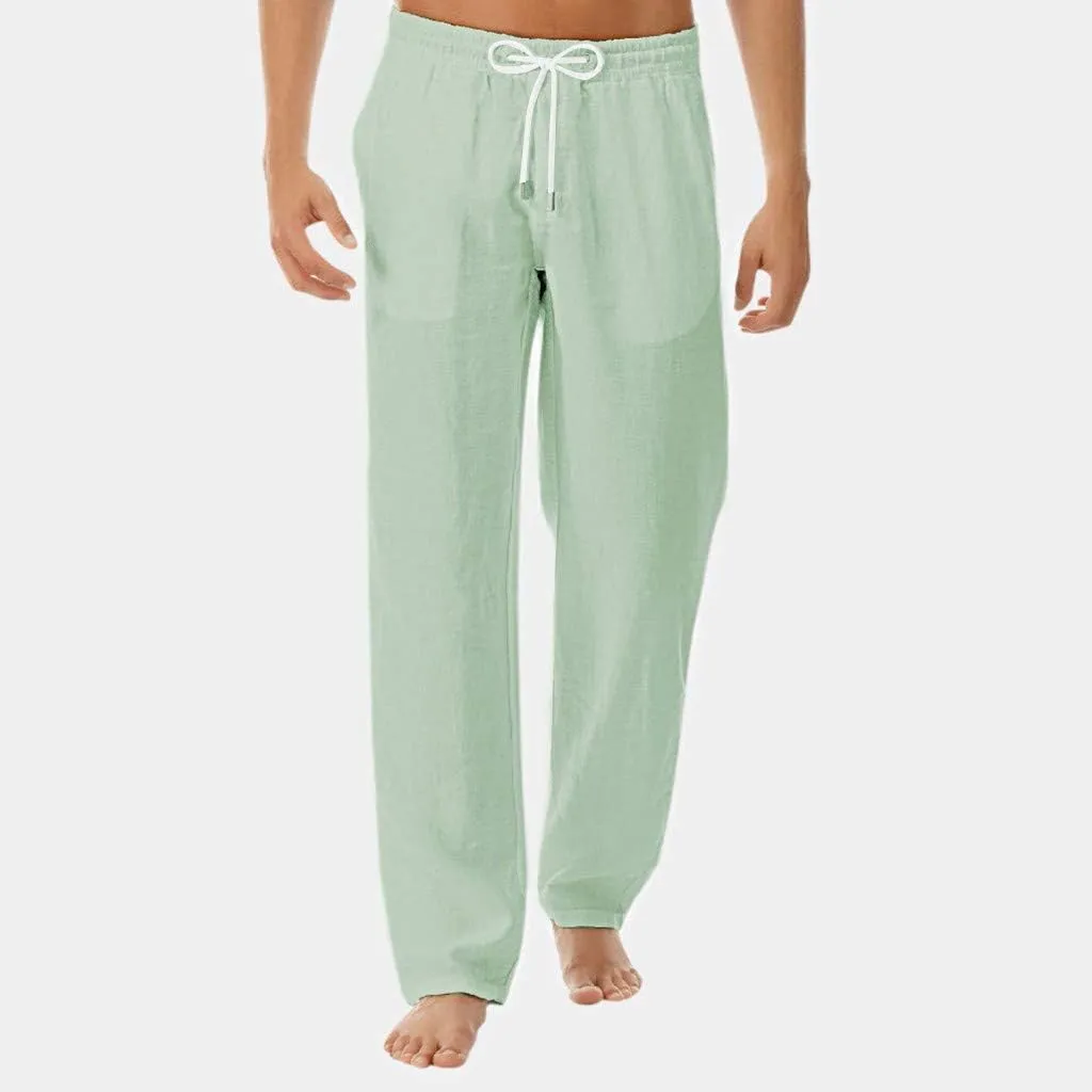Men's Drawstring Linen Pants Casual 2025 Fall Solid Color Basic Casual Pants Soft Comfy Elastic Loose Fit Trousers