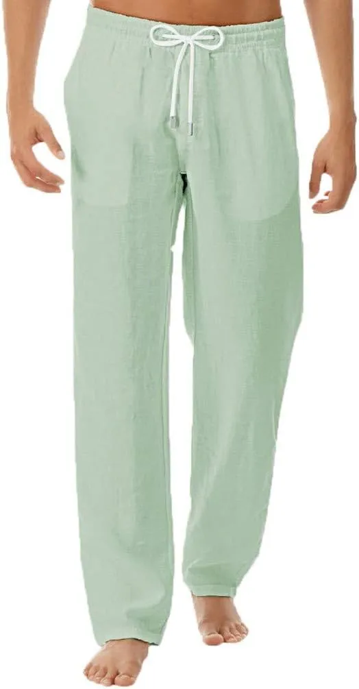 Men's Drawstring Linen Pants Casual 2025 Fall Solid Color Basic Casual Pants Soft Comfy Elastic Loose Fit Trousers