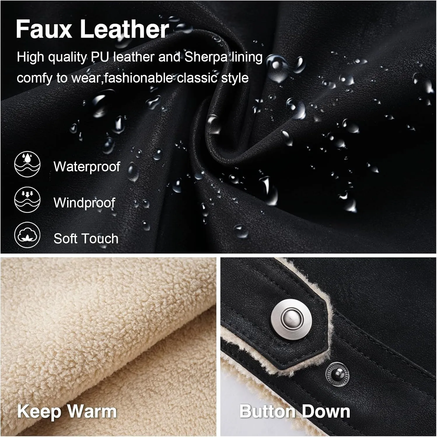 Men's Faux Leather Sherpa Lined Trucker Jacket Collar Winter Warm Coats Multi Pocket