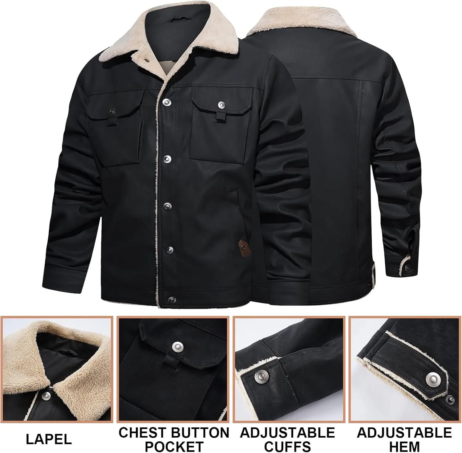 Men's Faux Leather Sherpa Lined Trucker Jacket Collar Winter Warm Coats Multi Pocket