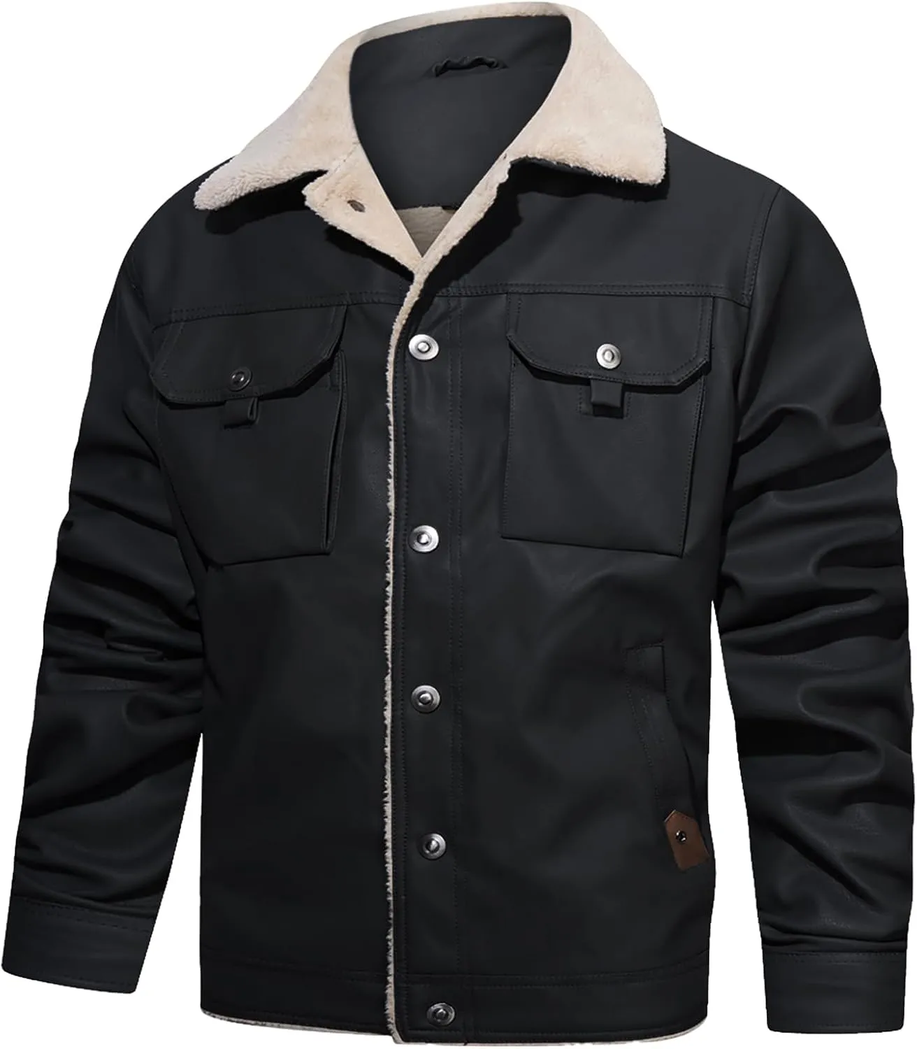 Men's Faux Leather Sherpa Lined Trucker Jacket Collar Winter Warm Coats Multi Pocket