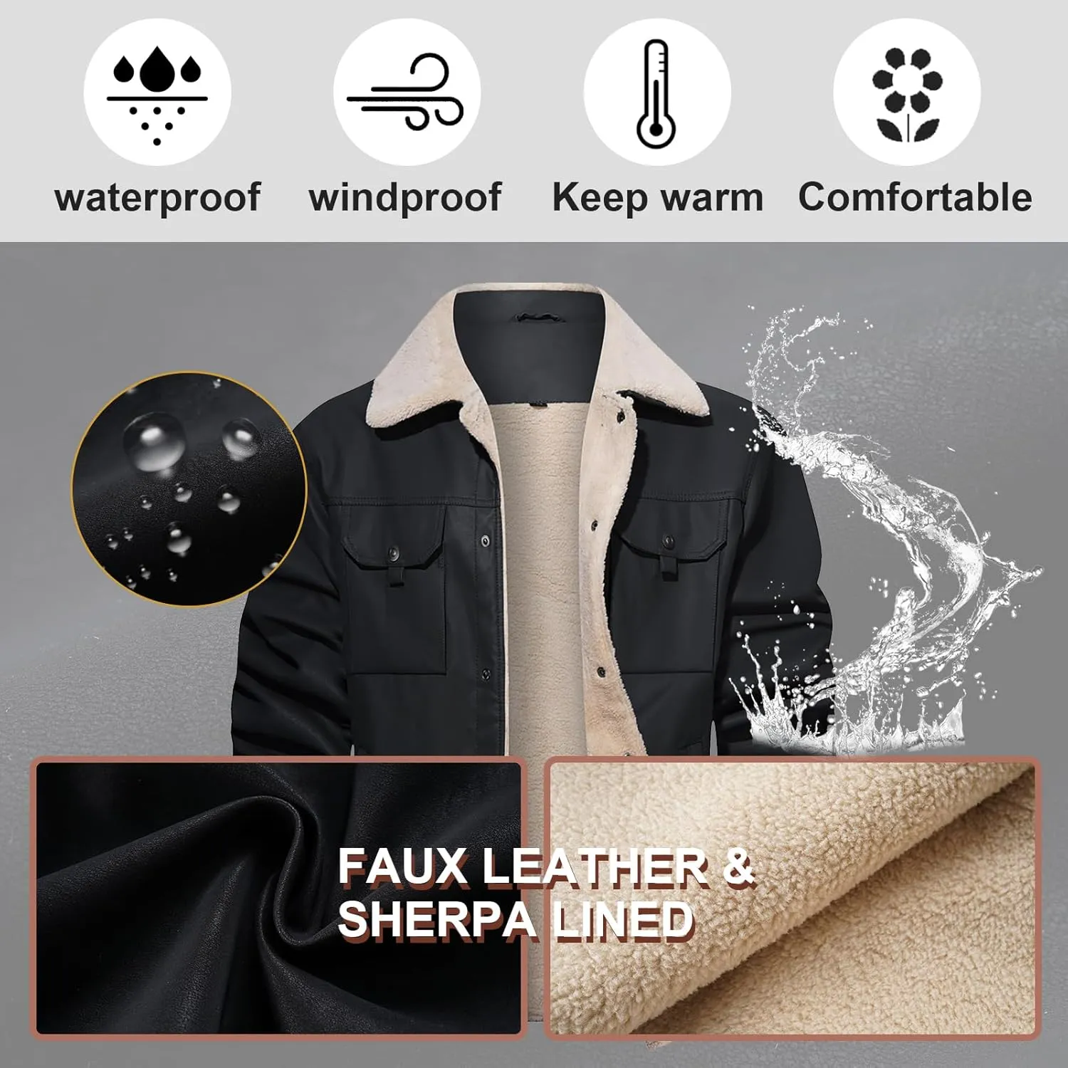 Men's Faux Leather Sherpa Lined Trucker Jacket Collar Winter Warm Coats Multi Pocket