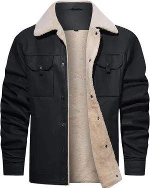 Men's Faux Leather Sherpa Lined Trucker Jacket Collar Winter Warm Coats Multi Pocket