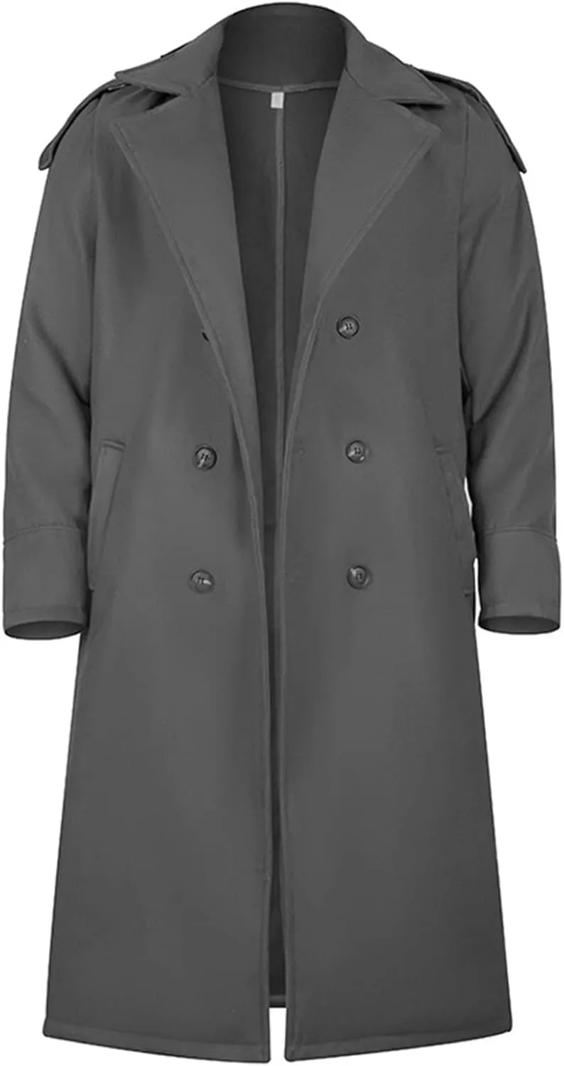 Men's Full Length Winter Trench Coat Double Breasted Wool Blend Long Windbreaker Notch Lapel Peacoat Overcoat