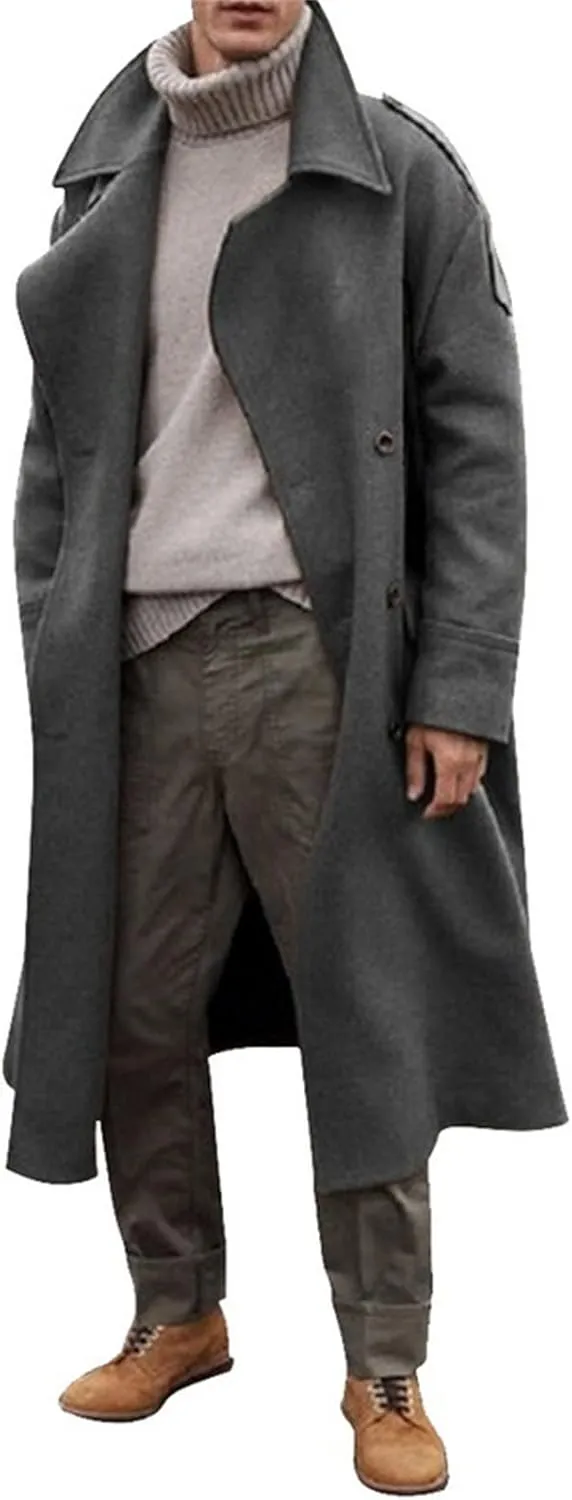 Men's Full Length Winter Trench Coat Double Breasted Wool Blend Long Windbreaker Notch Lapel Peacoat Overcoat