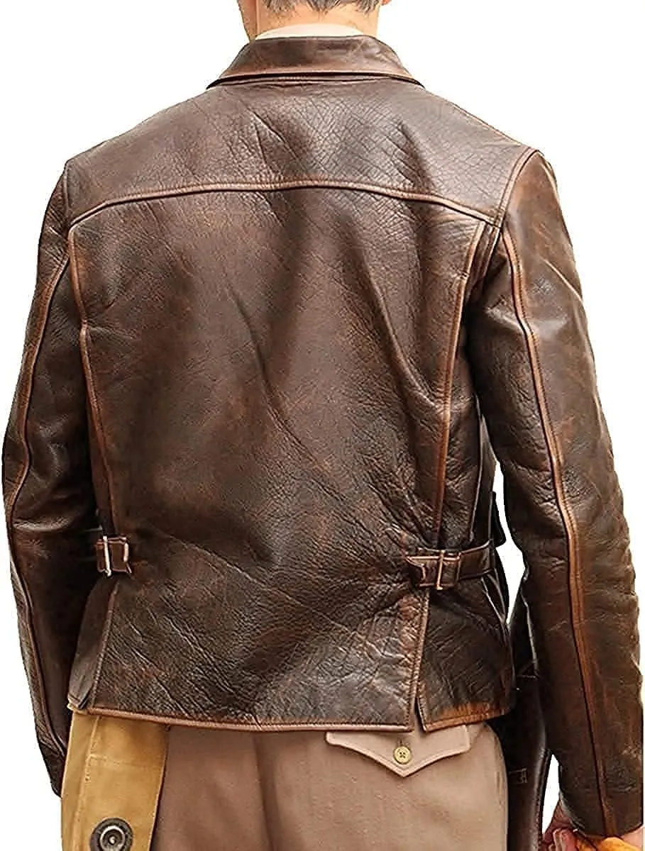 Men's Raiders of The Lost Harrison Jones Vintage Brown Bomber Leather Jacket Genuine Cowhide Distressed Leather Jacket