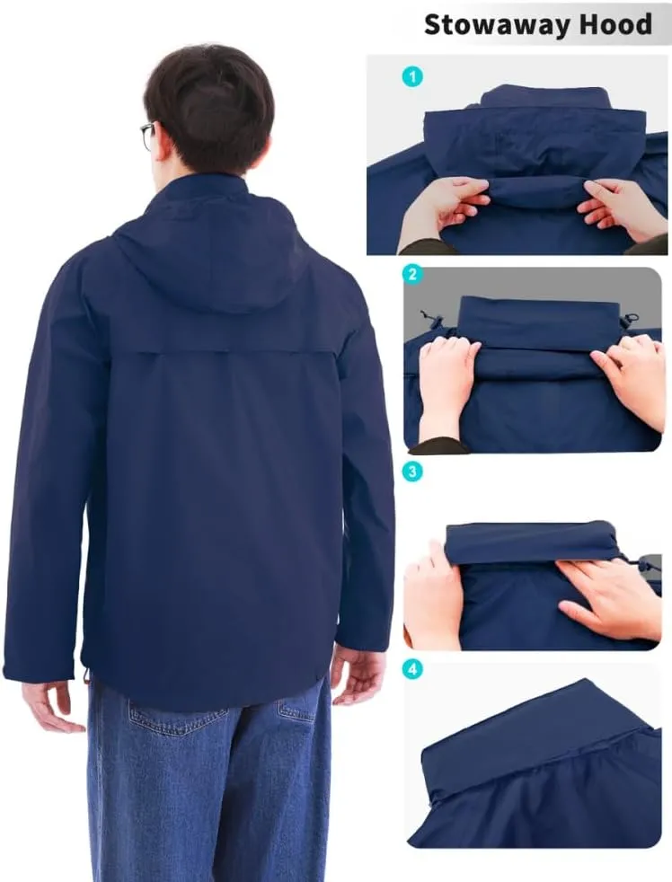 Men's Rain Jacket with Hood Lightweight Packable Upf 50  Long Sleeve Waterproof Rain Coat Windbreaker Golf