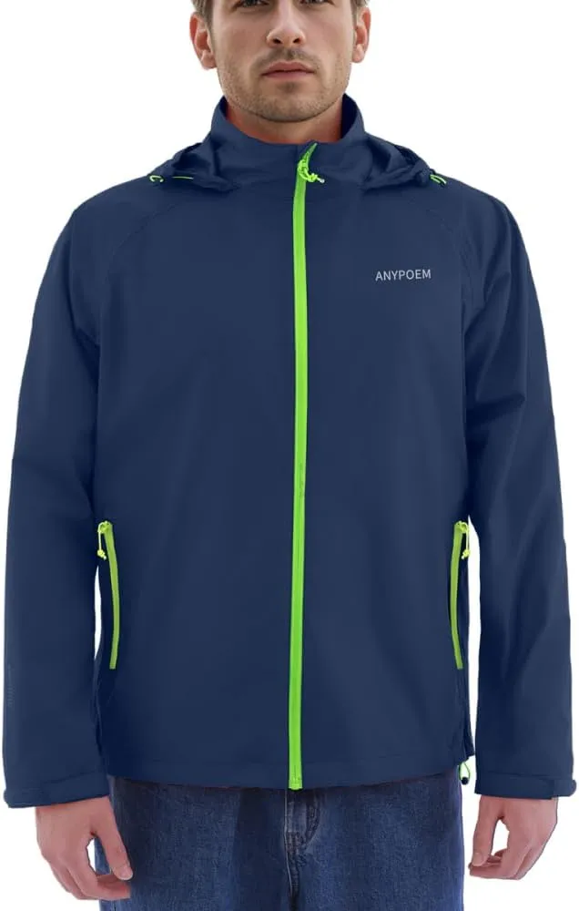 Men's Rain Jacket with Hood Lightweight Packable Upf 50  Long Sleeve Waterproof Rain Coat Windbreaker Golf